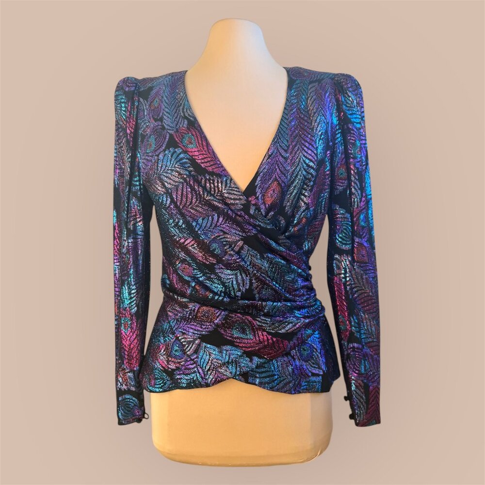 RARE vintage 1980's Rimini peacock Rayon and Metallic wrap top